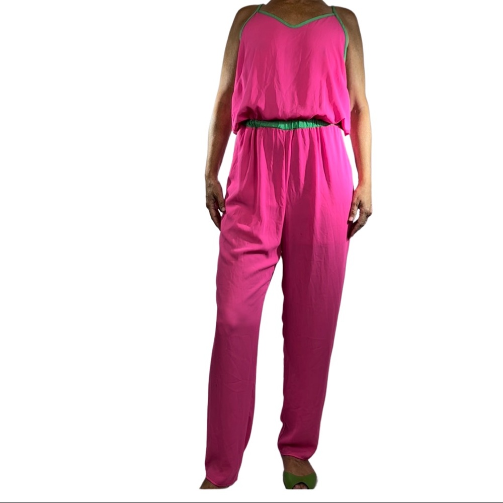 hot pink jump suit with Kelly green accents by Karlie
